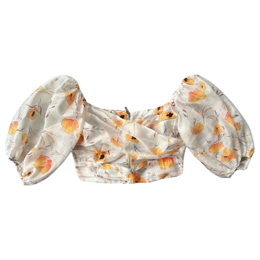Avantlook Women's Floral Puff Sleeve Crop Blouse White Medium Cottagecore